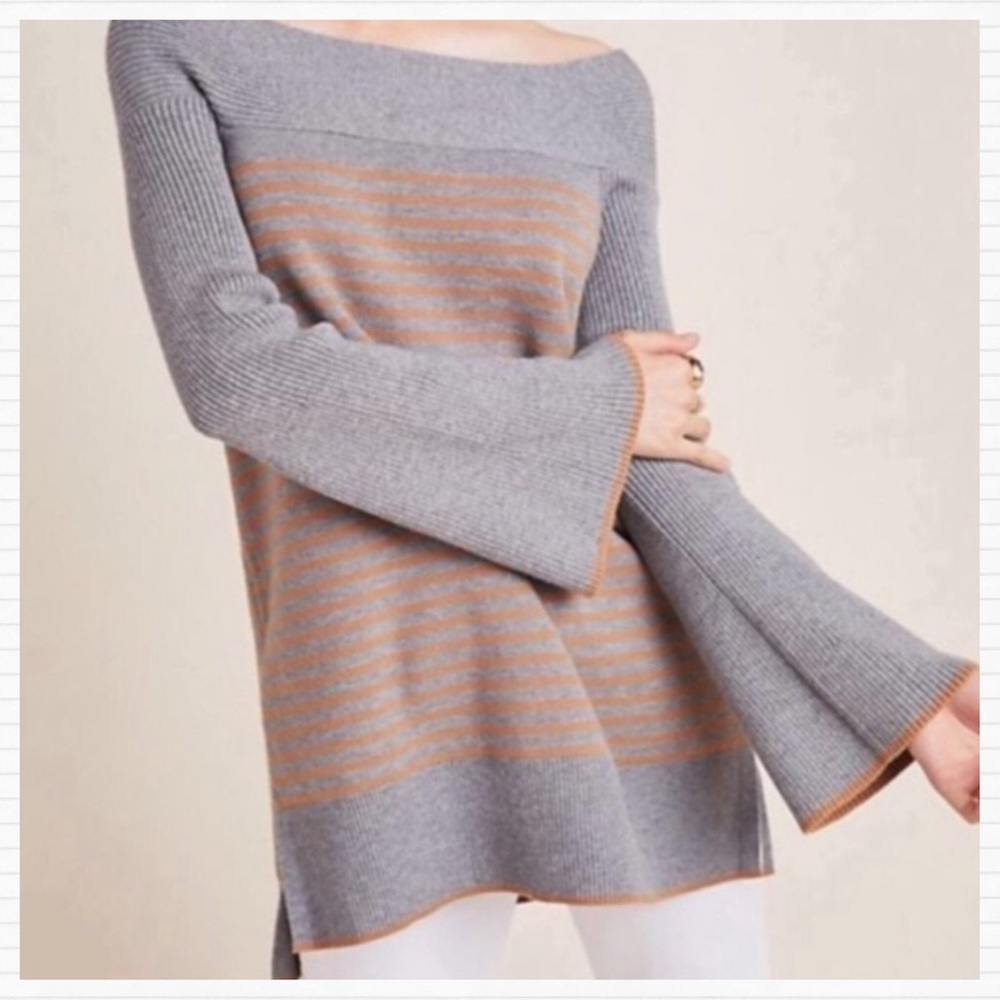 Anthropologie Gray Tan Stripe Off Shoulder Sweater - Picture 1 of 14